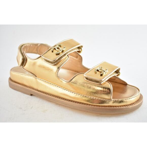 Chanel 22C Golden Gold Laminated CC Logo Mule Slide Strap Flat Dad Sandal 36 - Picture 3 of 12